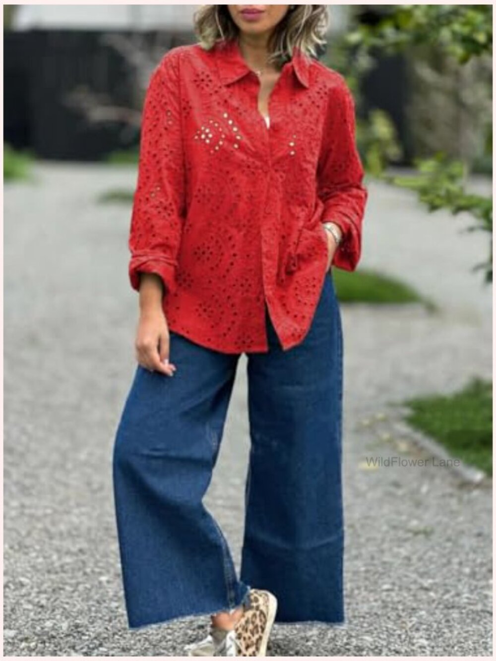 Crochet Eyelet Button Down Rolled Up Long Sleeve Boho Blouse Shirt Tops - Picture 2 of 4